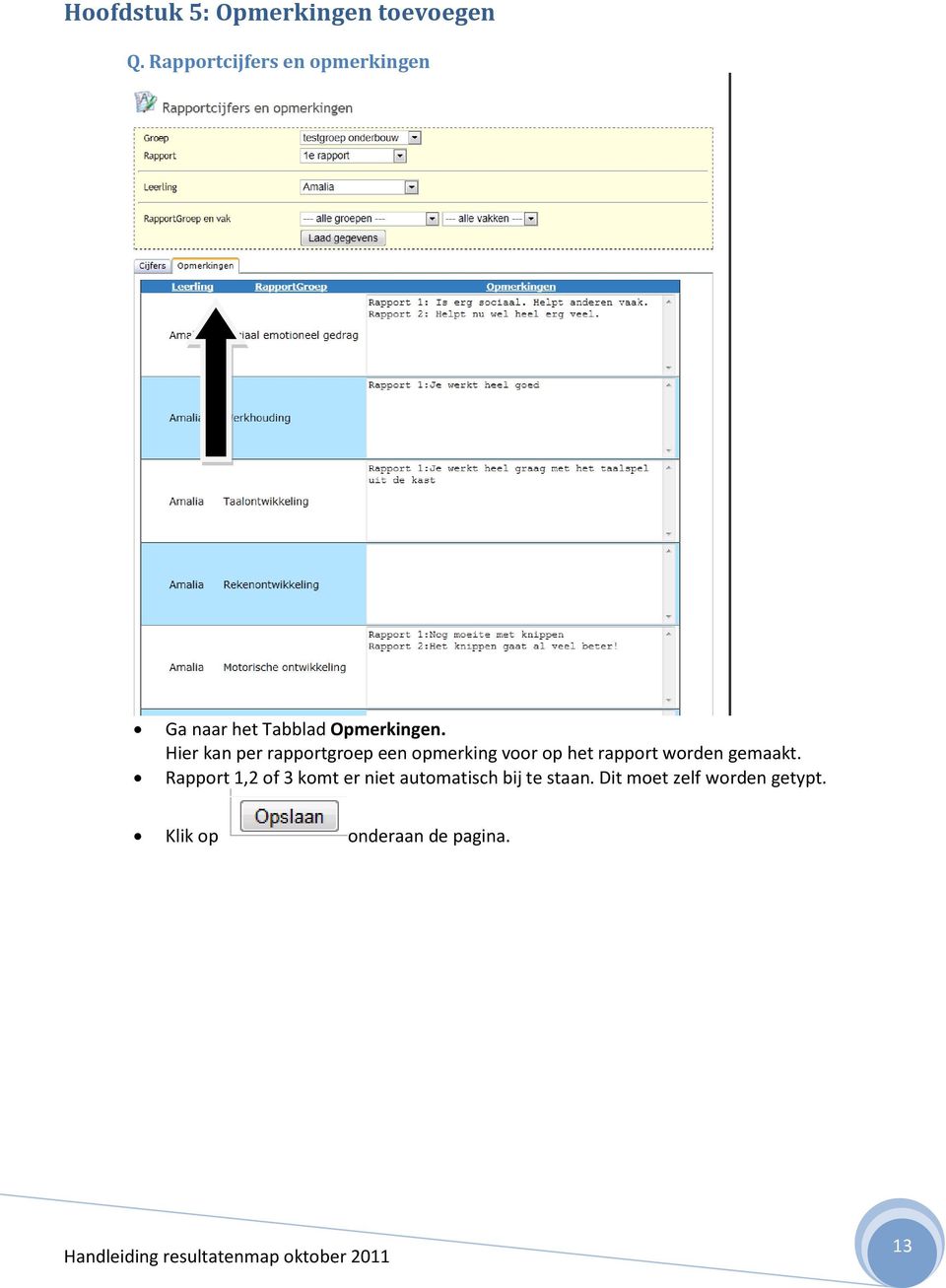 Hier kan per rapportgroep een opmerking voor op het rapport worden