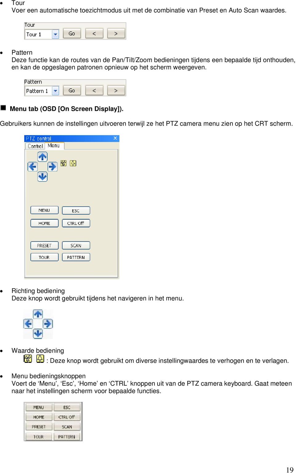 Menu tab (OSD [On Screen Display]). Gebruikers kunnen de instellingen uitvoeren terwijl ze het PTZ camera menu zien op het CRT scherm.