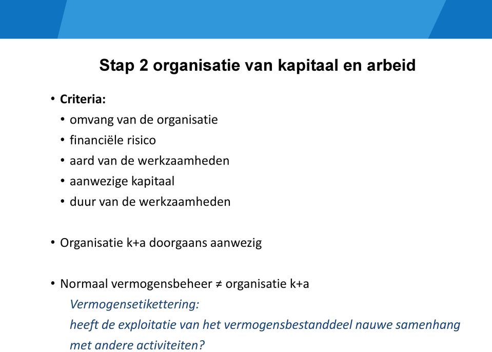 Organisatie k+a doorgaans aanwezig Normaal vermogensbeheer organisatie k+a