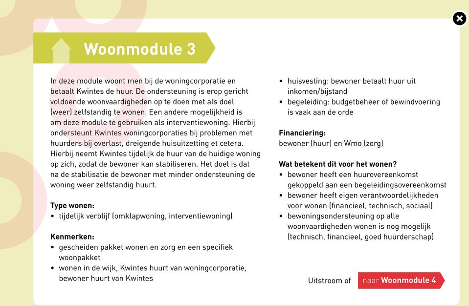 Hierbij neemt tijdelijk de huur van de huidige woning op zich, zodat de bewoner kan stabiliseren.