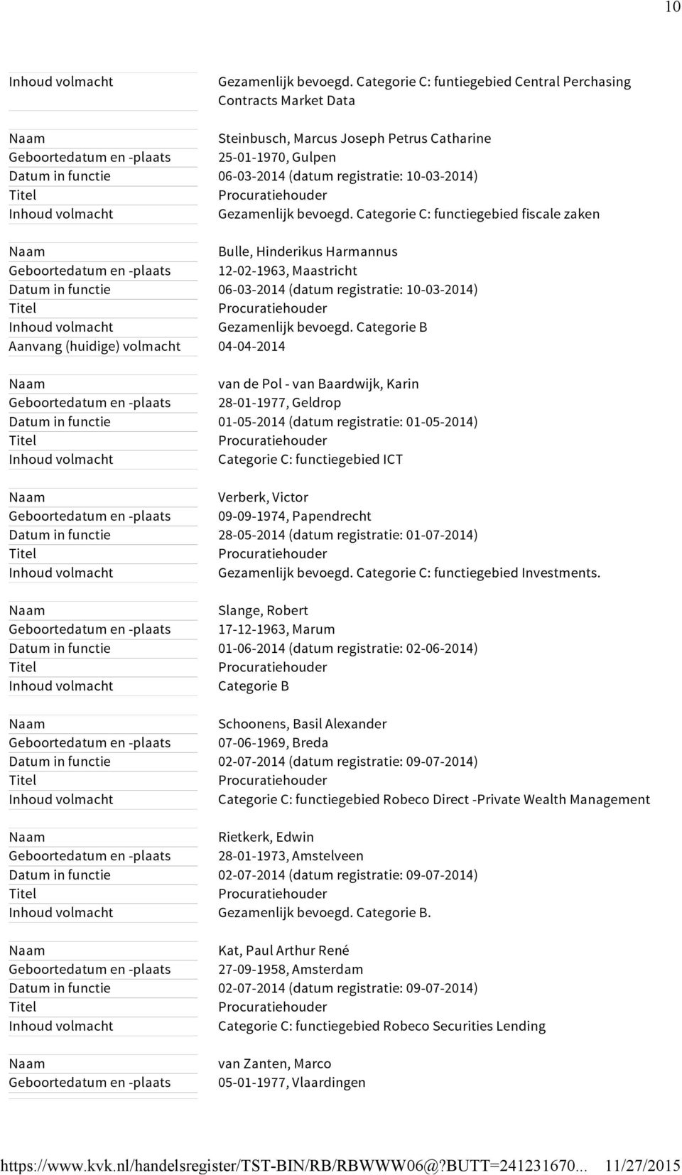 registratie: -03-2014)  Categorie C: functiegebied fiscale zaken Bulle, Hinderikus Harmannus Geboortedatum en -plaats 12-02-1963, Maastricht Datum in functie 06-03-2014 (datum registratie: -03-2014)