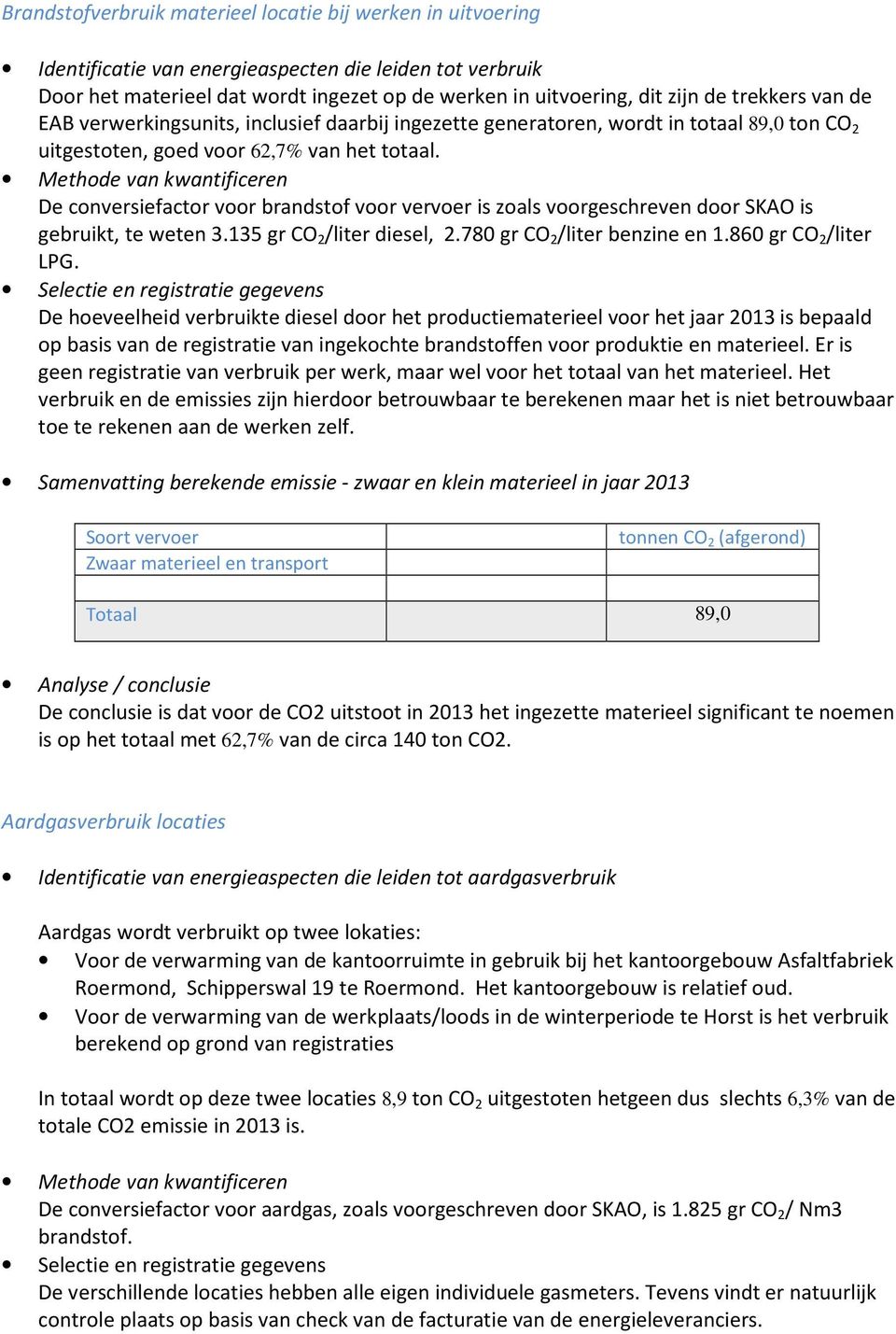 Methode van kwantificeren De conversiefactor voor brandstof voor vervoer is zoals voorgeschreven door SKAO is gebruikt, te weten 3.135 gr CO 2 /liter diesel, 2.780 gr CO 2 /liter benzine en 1.