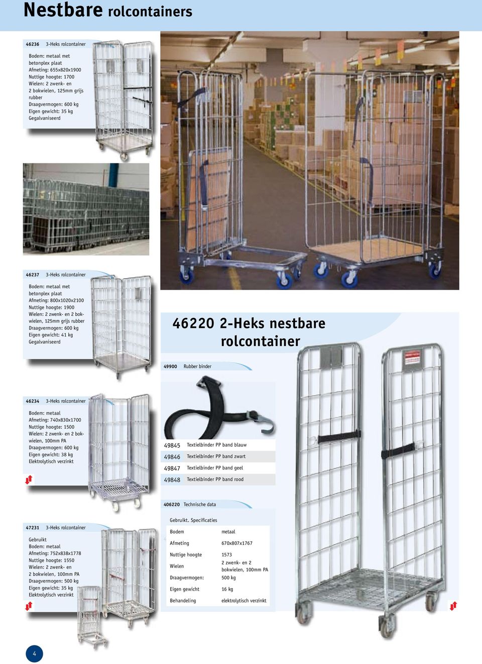 binder 46234 3-Heks rolcontainer : 740x830x1700 Nuttige hoogte: 1500 2 bok - wielen, 100mm PA Draagvermogen: 600 kg Eigen gewicht: 38 kg 49845 Textielbinder PP band blauw 49846 Textielbinder PP band