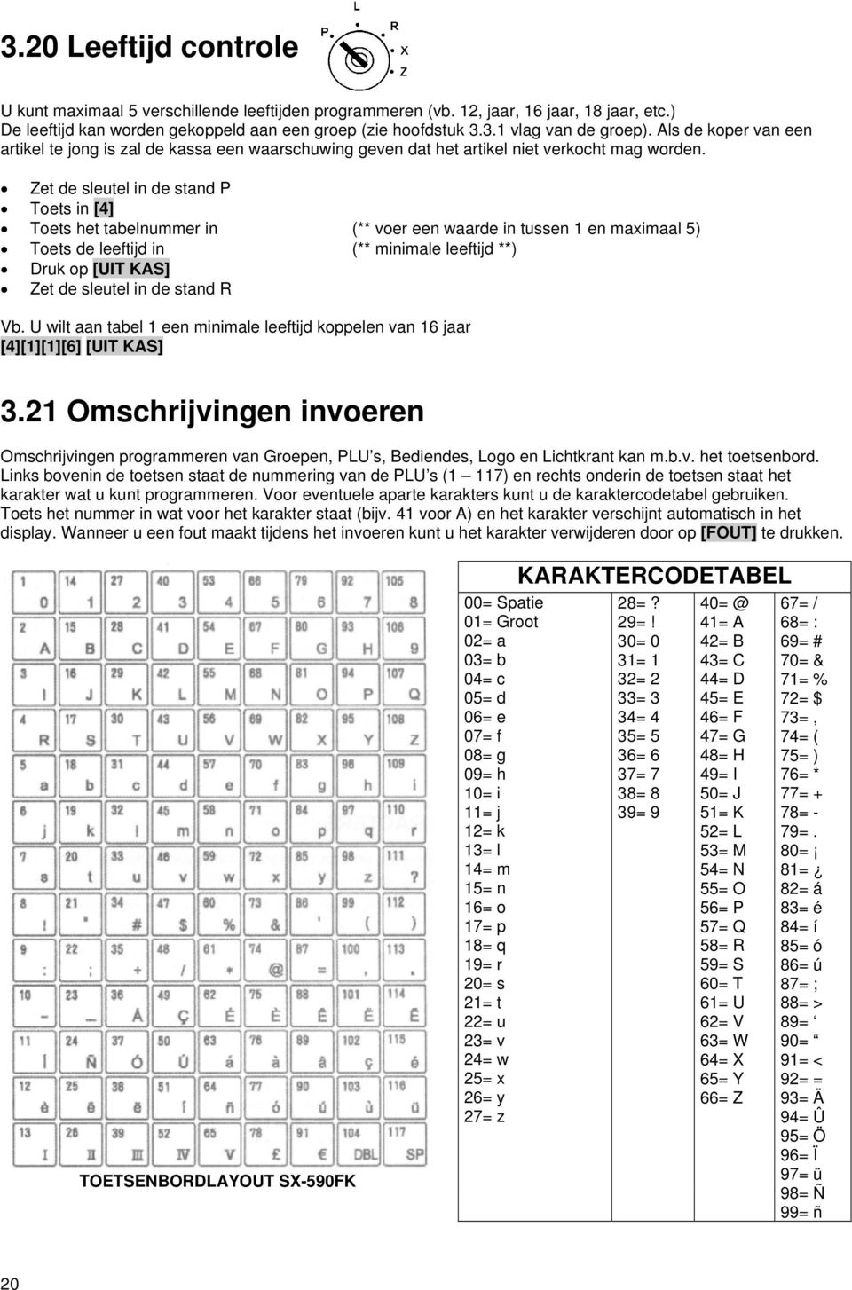 Toets in [4] Toets het tabelnummer in (** voer een waarde in tussen 1 en maximaal 5) Toets de leeftijd in (** minimale leeftijd **) Druk op [UIT KAS] Vb.