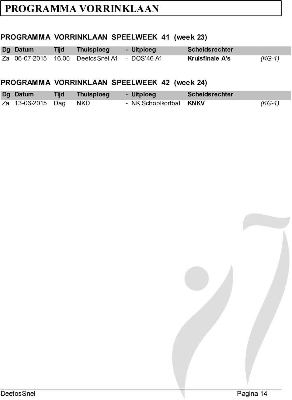 00 DeetosSnel A1 - DOS 46 A1 Kruisfinale A s (KG-1) PROGRAMMA VORRINKLAAN SPEELWEEK 42 (week 24)