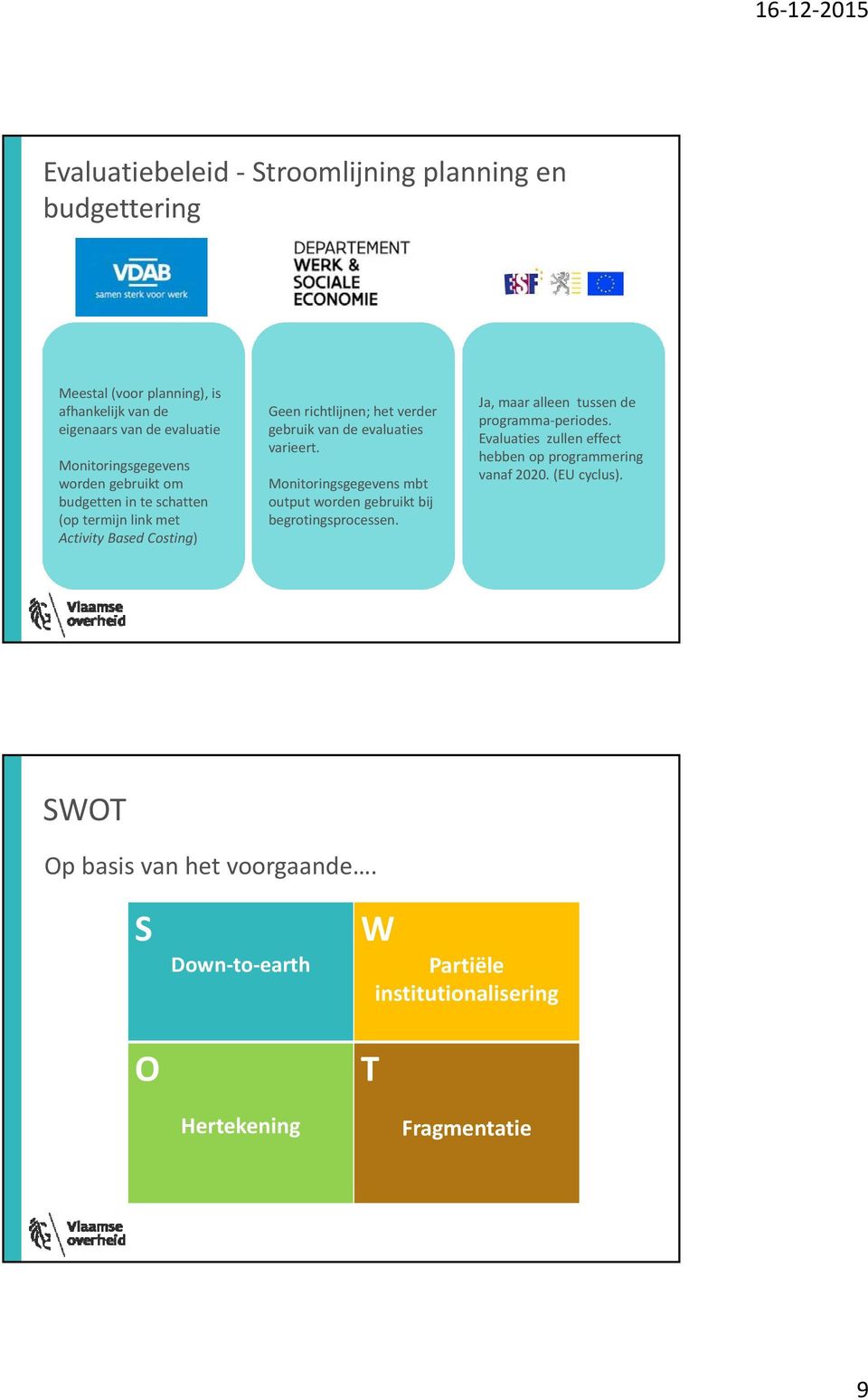 varieert. Monitoringsgegevens mbt output worden gebruikt bij begrotingsprocessen. Ja, maar alleen tussen de programma periodes.