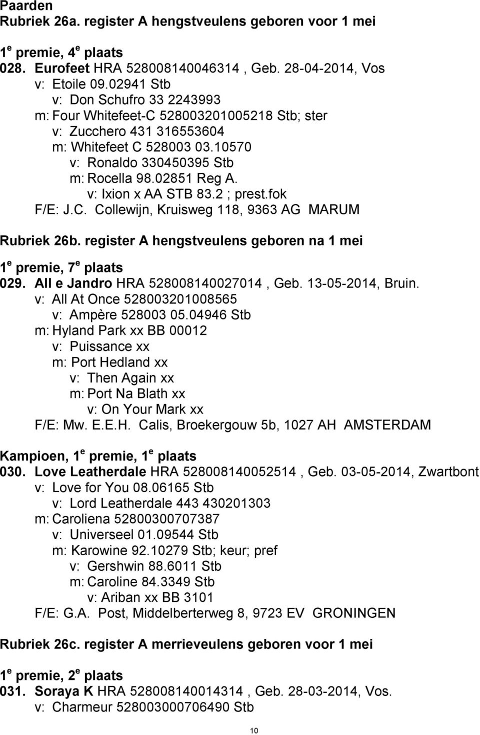 v: Ixion x AA STB 83.2 ; prest.fok F/E: J.C. Collewijn, Kruisweg 118, 9363 AG MARUM Rubriek 26b. register A hengstveulens geboren na 1 mei 1 e premie, 7 e plaats 029.