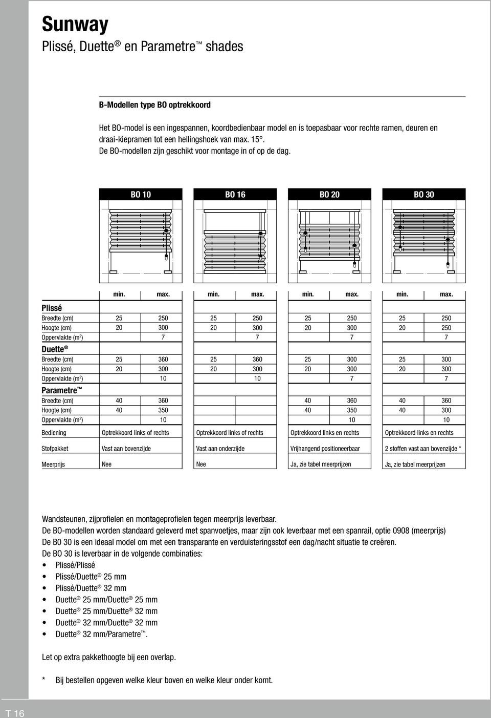 BO BO 16 BO 20 BO 30 Plissé 25 250 25 250 25 250 25 250 Duette 25 360 25 360 25 300 25 300 Parametre 40 360 40 350 40 360 40 350 40 360 40 300 Bediening Optrekkoord links of rechts Optrekkoord links