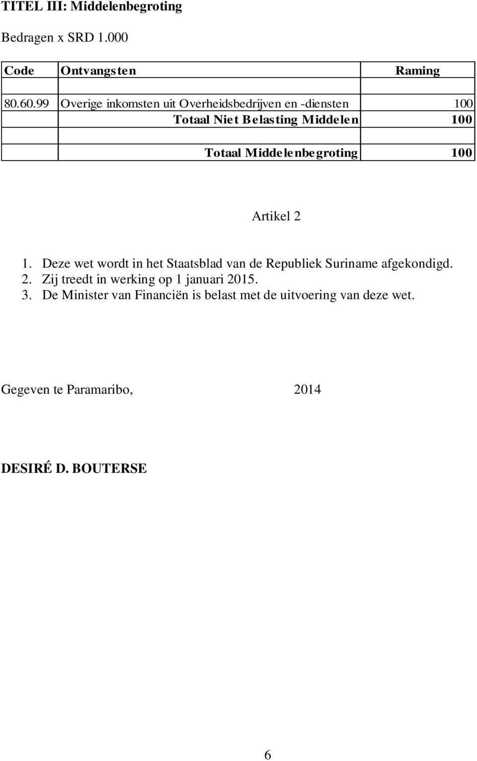 le nbe groting 100 Artikel 2 1. Deze wet wordt in het Staatsblad van de Republiek Suriname afgekondigd. 2. Zij treedt in werking op 1 januari 2015.