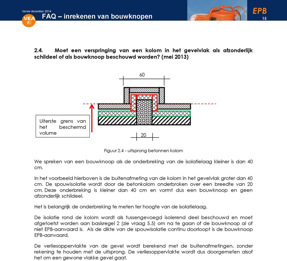 In het voorbeeld hierboven is de buitenafmeting van de kolom in het gevelvlak groter dan 40 cm. De spouwisolatie wordt door de betonkolom onderbroken over een breedte van 20 cm.