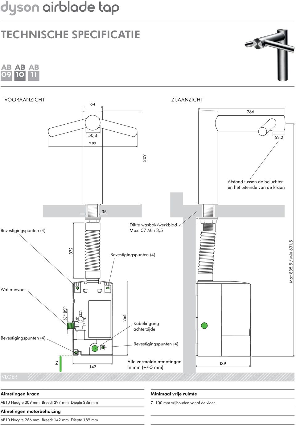 57 Min 3,5 Max 835,5 / Min 631,5 Water invoer 266 Kabelingang achterzijde 142 Alle vermelde afmetingen in mm