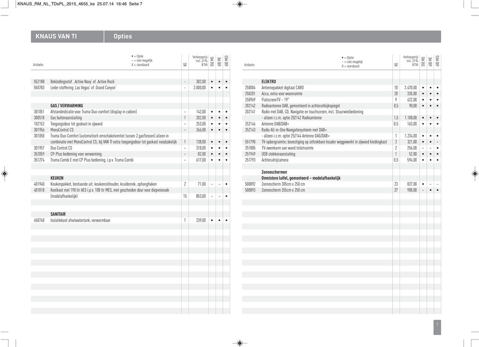 000,00 GAS / VERWARMING 301051 Afstandindicatie voor Truma Duo-comfort (display in cabine) 142,00 300518 Gas buitenaansluiting 1 202,00 102152 Toegangsdeur tot gaskast in zijwand 253,00 301956