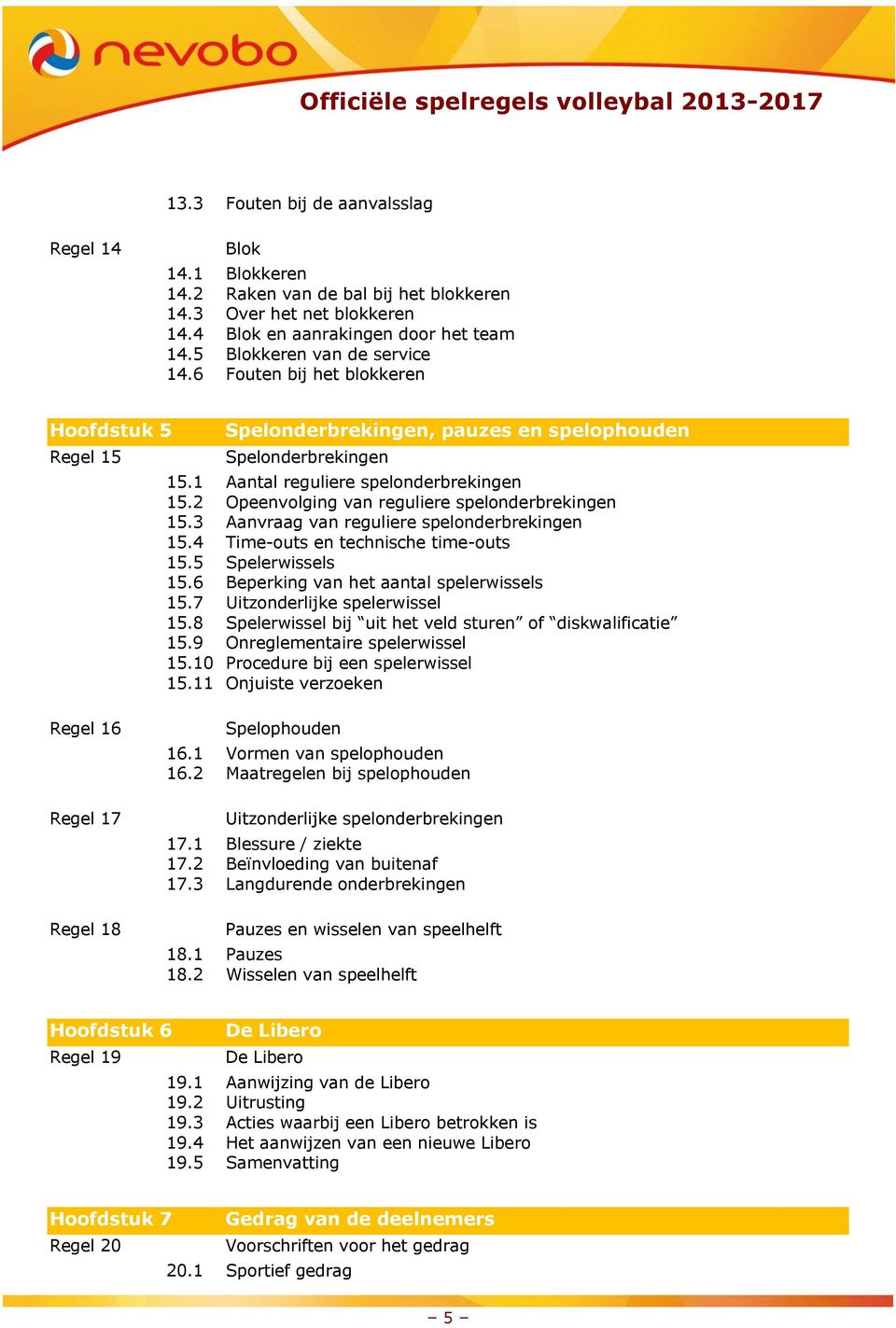 2 Opeenvolging van reguliere spelonderbrekingen 15.3 Aanvraag van reguliere spelonderbrekingen 15.4 Time-outs en technische time-outs 15.5 Spelerwissels 15.6 Beperking van het aantal spelerwissels 15.