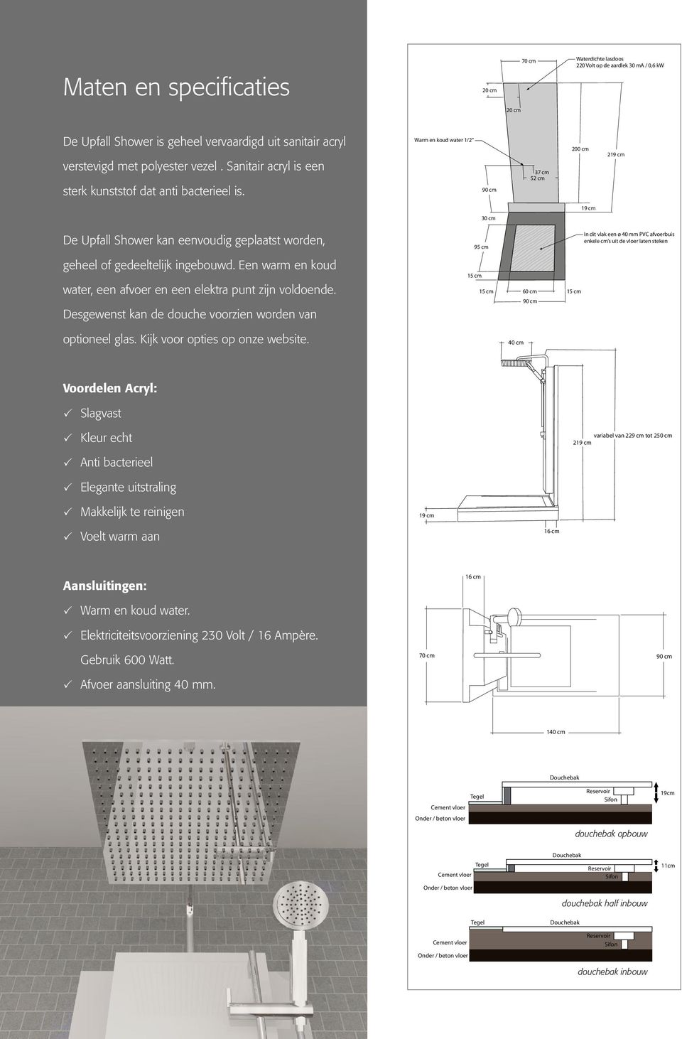 Warm en koud water 1/2 90 cm 37 cm 52 cm 200 cm 219 cm 19 cm 30 cm De Upfall Shower kan eenvoudig geplaatst worden, 95 cm In dit vlak een ø 40 mm PVC afvoerbuis enkele cm s uit de vloer laten steken