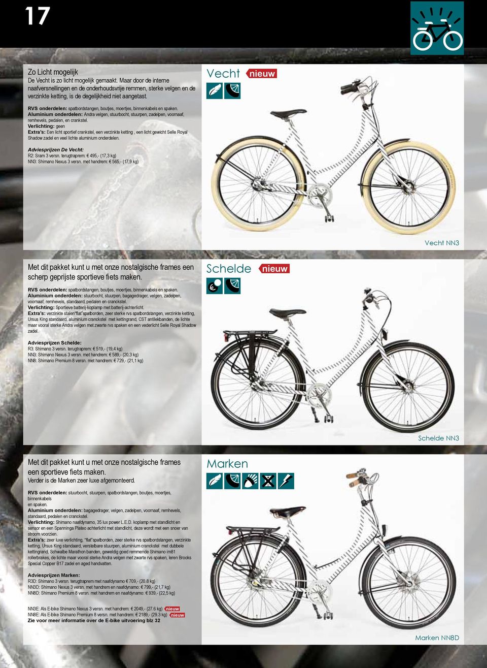 RVS onderdelen: spatbordstangen, boutjes, moertjes, binnenkabels en spaken. Aluminium onderdelen: Andra velgen, stuurbocht, stuurpen, zadelpen, voornaaf, remhevels, pedalen, en crankstel.