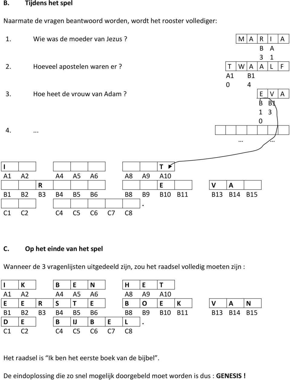 Op het einde van het spel Wanneer de vragenlijsten uitgedeeld zijn, zou het raadsel volledig moeten zijn : I K E N H E T A A2 A4 A5 A6 A8 A9 A E E R S T E O E