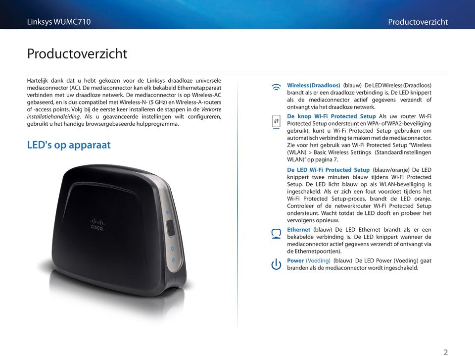 De mediaconnector is op Wireless-AC gebaseerd, en is dus compatibel met Wireless-N- (5 GHz) en Wireless-A-routers of -access points.