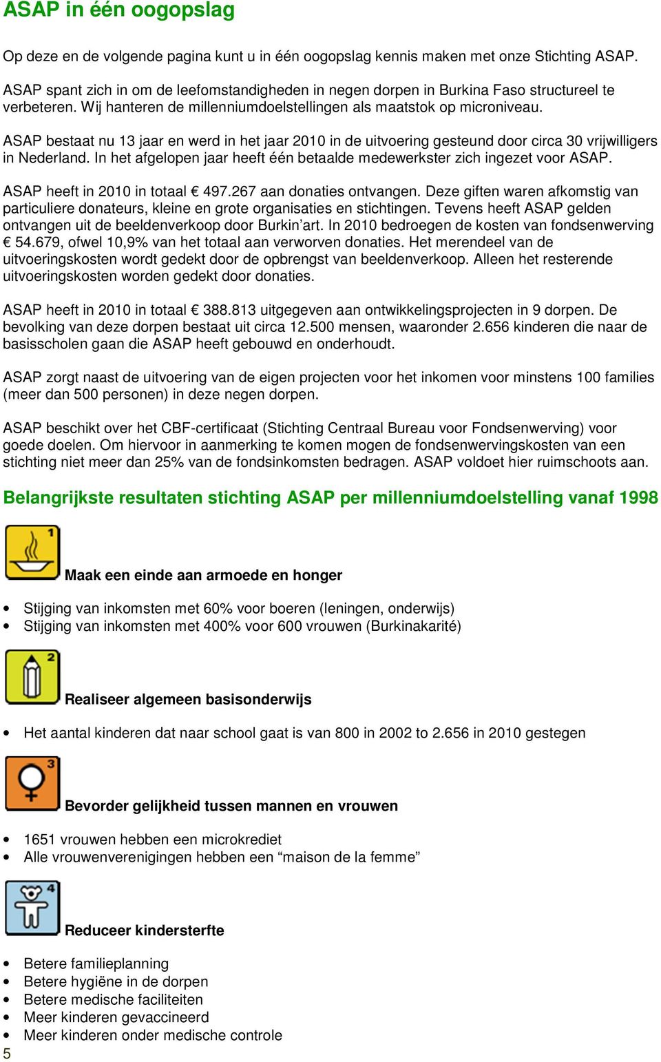 ASAP bestaat nu 13 jaar en werd in het jaar 2010 in de uitvoering gesteund door circa 30 vrijwilligers in Nederland. In het afgelopen jaar heeft één betaalde medewerkster zich ingezet voor ASAP.