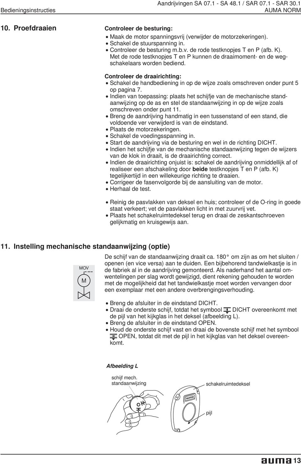 Controleer de draairichting: Schakel de handbediening in op de wijze zoals omschreven onder punt 5 op pagina 7.