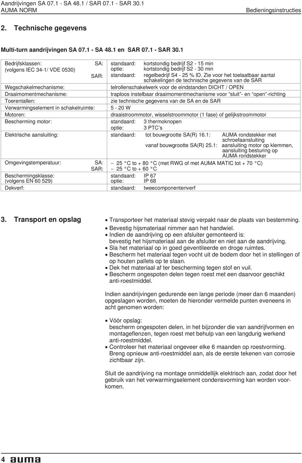 1 Bedrijfsklassen: SA: standaard: kortstondig bedrijf S2-15 min (volgens IEC 34-1/ VDE 0530) optie: kortstondig bedrijf S2-30 min SAR: standaard: regelbedrijf S4-25 % ID.