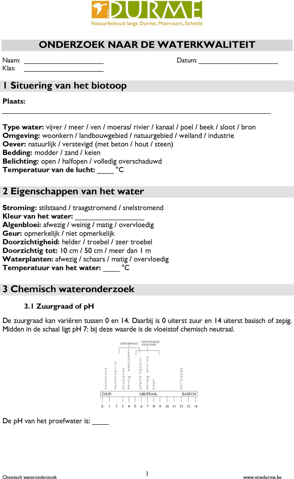 Temperatuur van de lucht: C 2 Eigenschappen van het water Stroming: stilstaand / traagstromend / snelstromend Kleur van het water: Algenbloei: afwezig / weinig / matig / overvloedig Geur: opmerkelijk