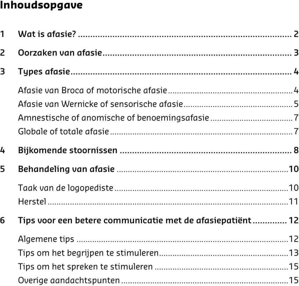 .. 7 4 Bijkomende stoornissen... 8 5 Behandeling van afasie... 10 Taak van de logopediste... 10 Herstel.