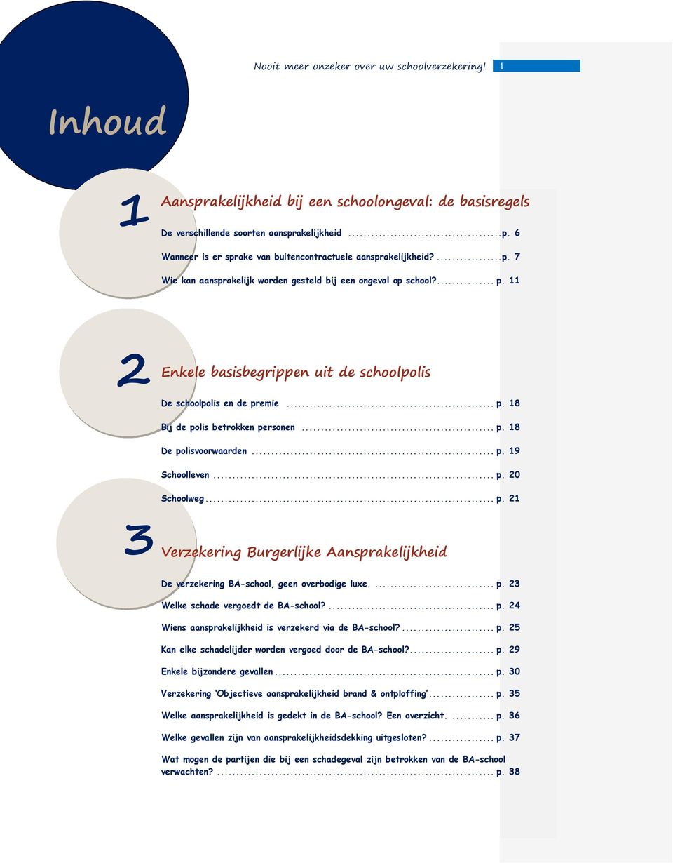 ... p. 23 Welke schade vergoedt de BA-school?... p. 24 Wiens aansprakelijkheid is verzekerd via de BA-school?... p. 25 Kan elke schadelijder worden vergoed door de BA-school?... p. 29 Enkele bijzondere gevallen.