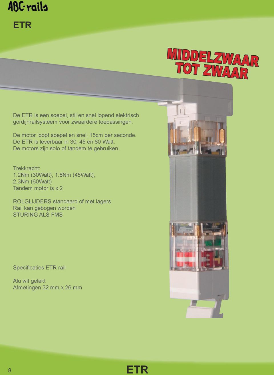 De motors zijn solo of tandem te gebruiken. Trekkracht: 1.2Nm (30Watt), 1.8Nm (45Watt), 2.