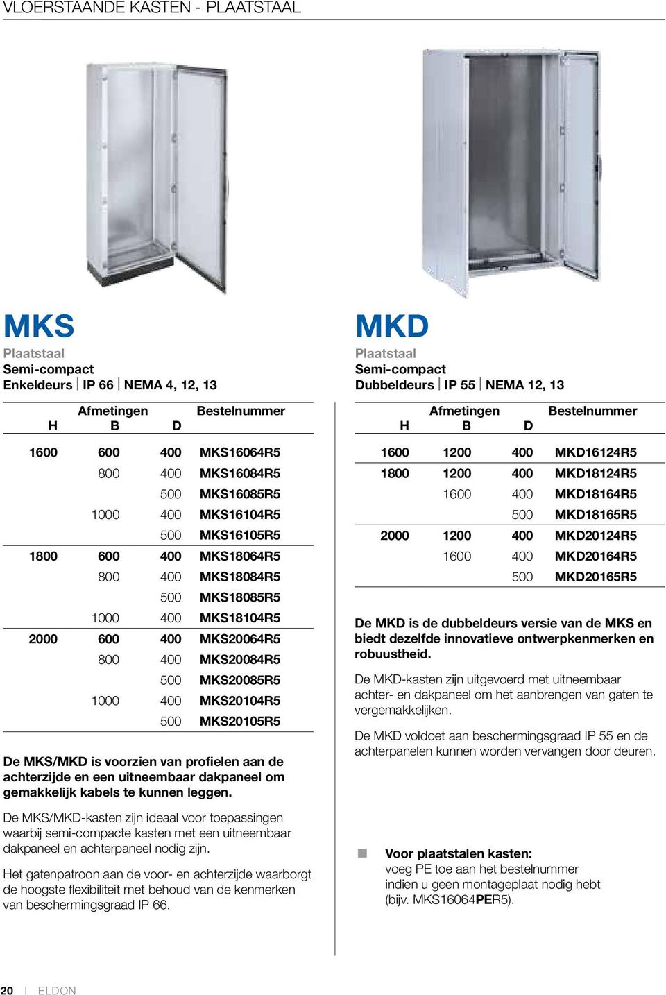 een uitneembaar dakpaneel om gemakkelijk kabels te kunnen leggen. De MKS/MKD-kasten zijn ideaal voor toepassingen waarbij semi-compacte kasten met een uitneembaar dakpaneel en achterpaneel nodig zijn.