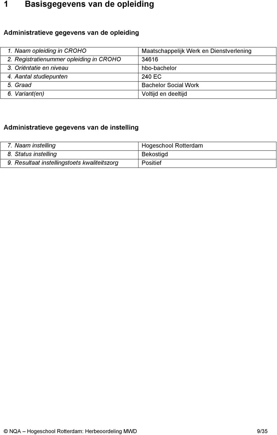 Oriëntatie en niveau hbo-bachelor 4. Aantal studiepunten 240 EC 5. Graad Bachelor Social Work 6.