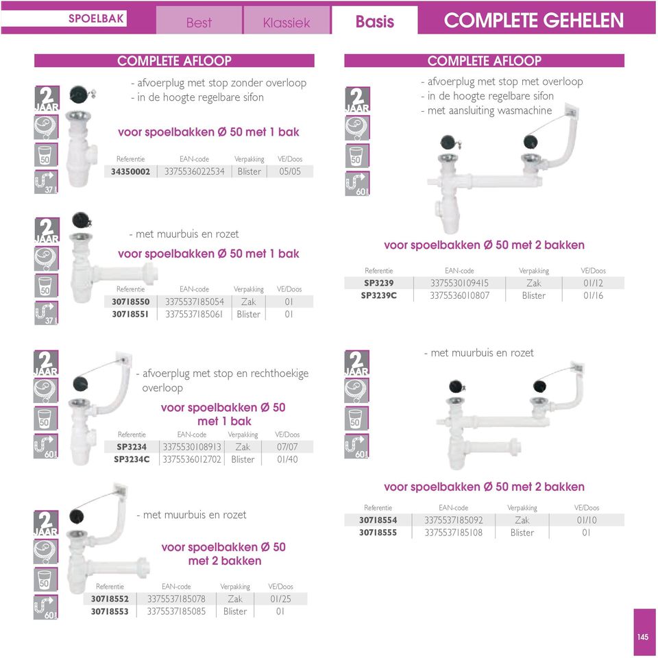 spoelbakken Ø met 2 bakken SP3239 3375530109415 Zak 01/12 SP3239C 33755310807 Blister 01/16 - afvoerplug met stop en rechthoekige overloop voor spoelbakken Ø met 1 bak SP3234 3375530108913 Zak 07/07