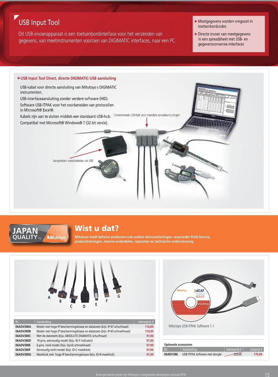 Directe invoer van meetgegevens in een spreadsheet met USB- en gegevensconversie-interfaces USB Input Tool Direct, directe DIGIMATIC-USB aansluiting ² USB-kabel voor directe aansluiting van Mitutoyo