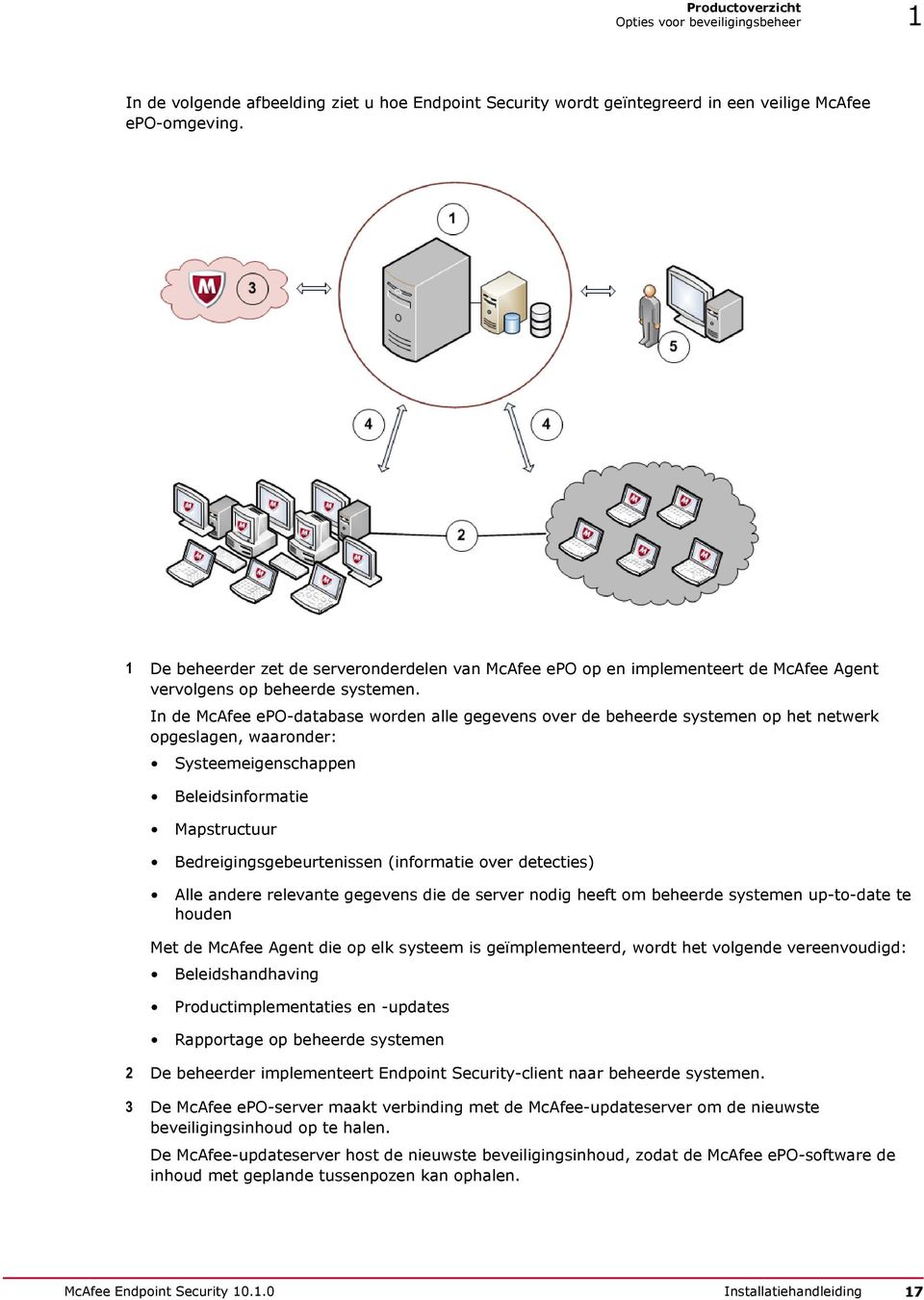 In de McAfee epo-database worden alle gegevens over de beheerde systemen op het netwerk opgeslagen, waaronder: Systeemeigenschappen Beleidsinformatie Mapstructuur Bedreigingsgebeurtenissen