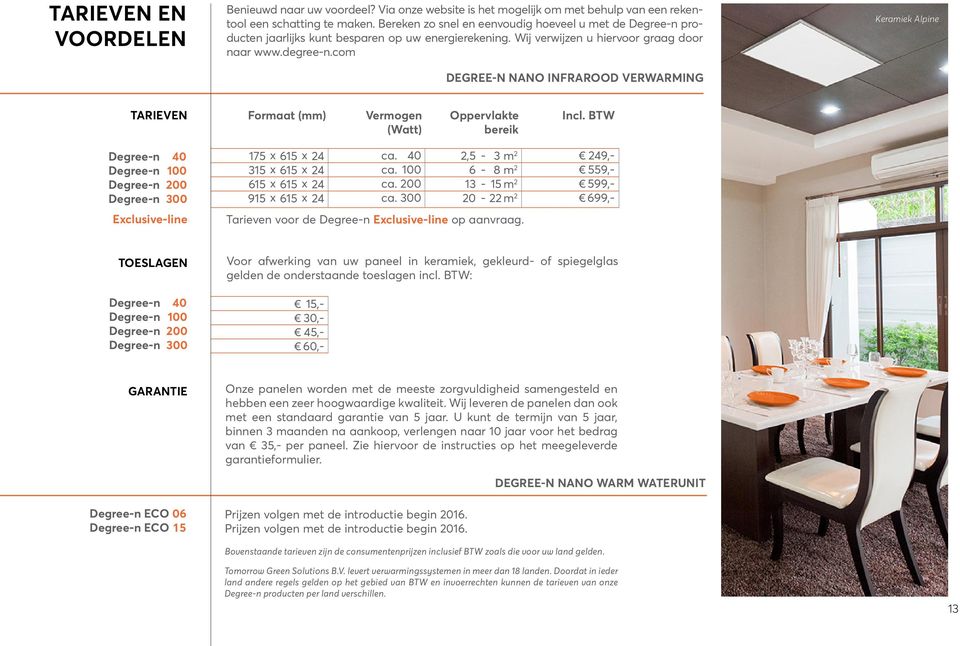 com DEGREE-N NANO INFRAROOD VERWARMING Keramiek Alpine TARIEVEN Formaat (mm) Vermogen Oppervlakte Incl.