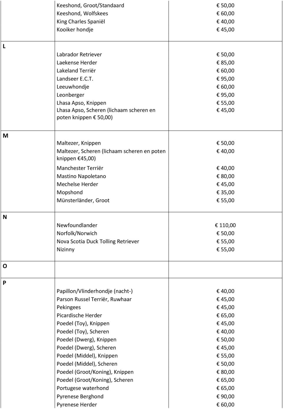 95,00 Leeuwhondje 60,00 Leonberger 95,00 Lhasa Apso, Knippen 55,00 Lhasa Apso, Scheren (lichaam scheren en 45,00 poten knippen 50,00) M N Maltezer, Knippen 50,00 Maltezer, Scheren (lichaam scheren en