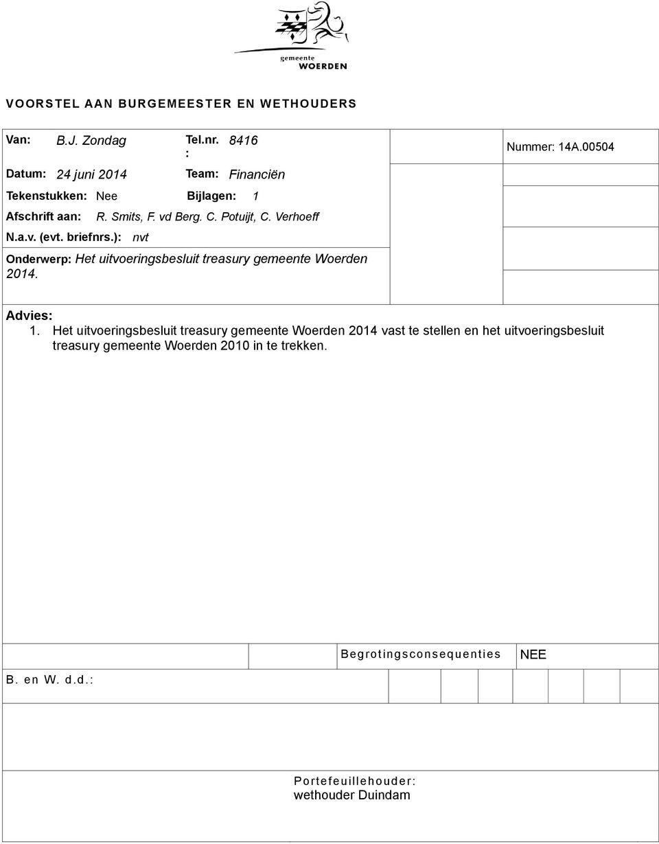 vd Berg. C. Potuijt, C. Verhoeff Onderwerp: Het uitvoeringsbesluit treasury gemeente Woerden 2014. Nummer: 14A.00504 Advies: 1.