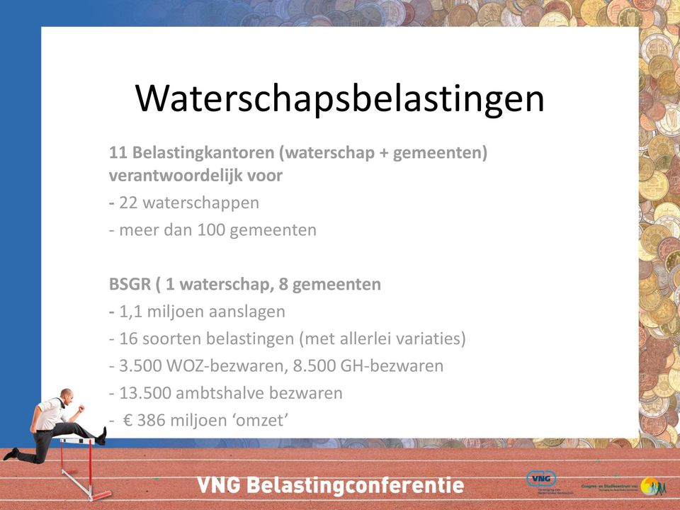 waterschap, 8 gemeenten - 1,1 miljoen aanslagen - 16 soorten belastingen (met