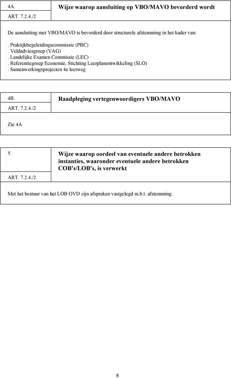 Samenwerkingsprojecten 4e leerweg 4B. Raadpleging vertegenwoordigers VBO/MAVO ART. 7.2.4./2 Zie 4A 5.