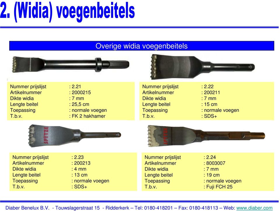 22 : 200211 Dikte widia : 7 mm Lengte beitel : 15 cm : normale voegen T.b.v. : SDS+ Nummer prijslijst : 2.