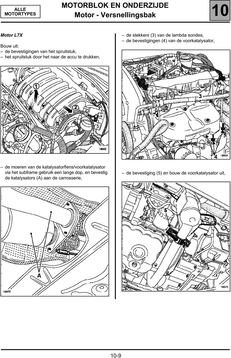 bevestigingen (4) van de voorkatalysator, de moeren van de katalysatorflens/voorkatalysator via het subframe