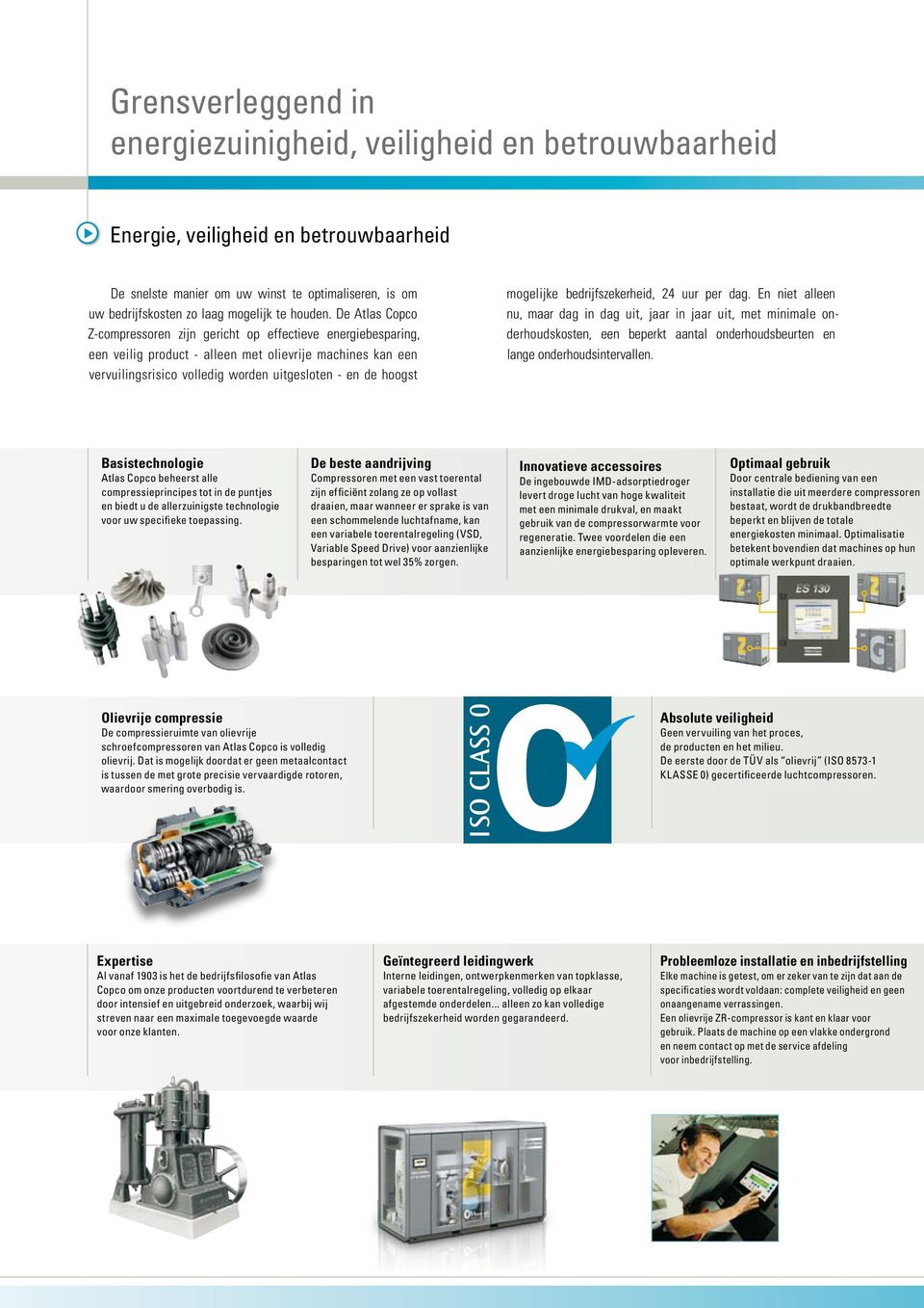 De Atlas Copco Z-compressoren zijn gericht op effectieve energiebesparing, een veilig product - alleen met olievrije machines kan een vervuilingsrisico volledig worden uitgesloten - en de hoogst