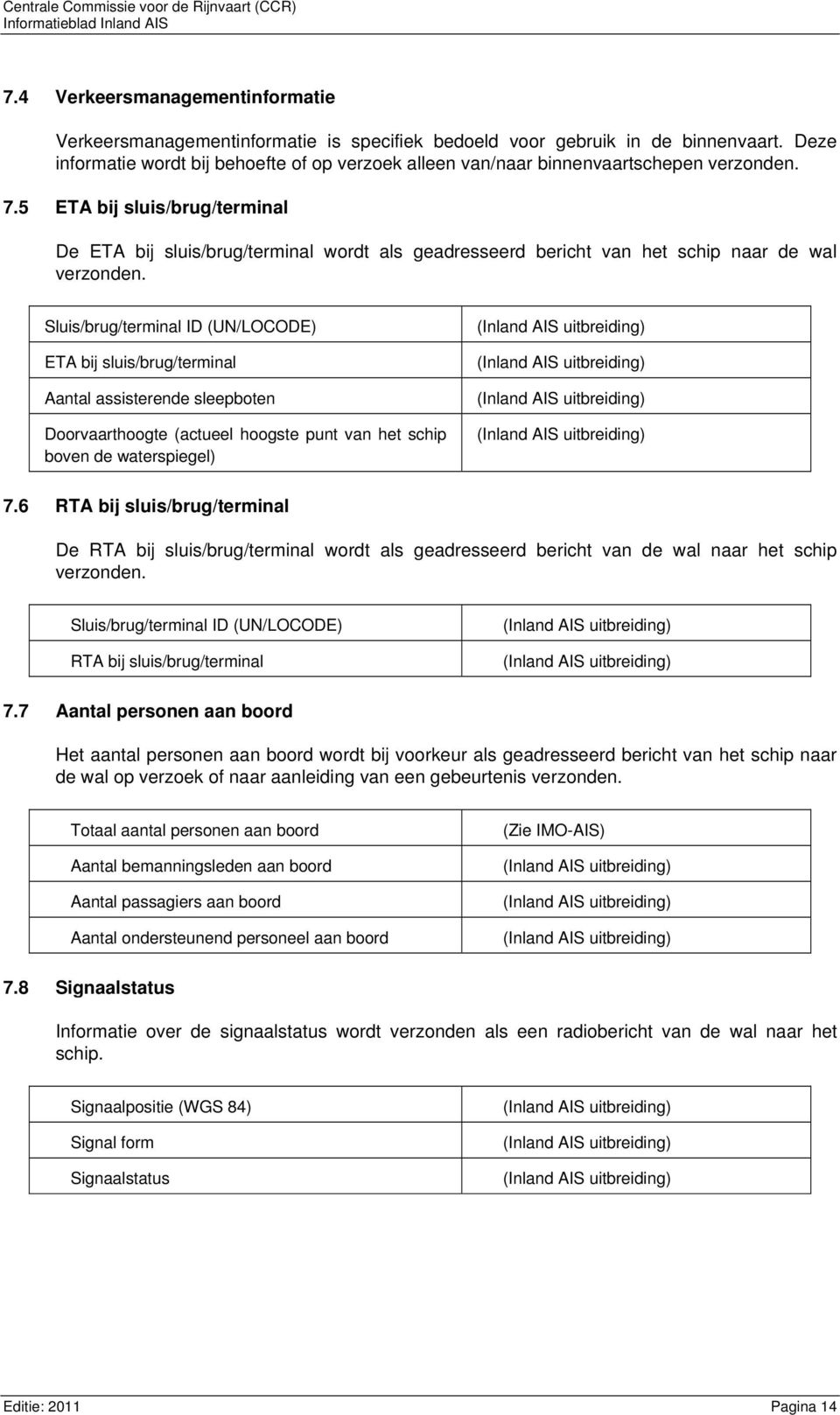 5 ETA bij sluis/brug/terminal De ETA bij sluis/brug/terminal wordt als geadresseerd bericht van het schip naar de wal verzonden.