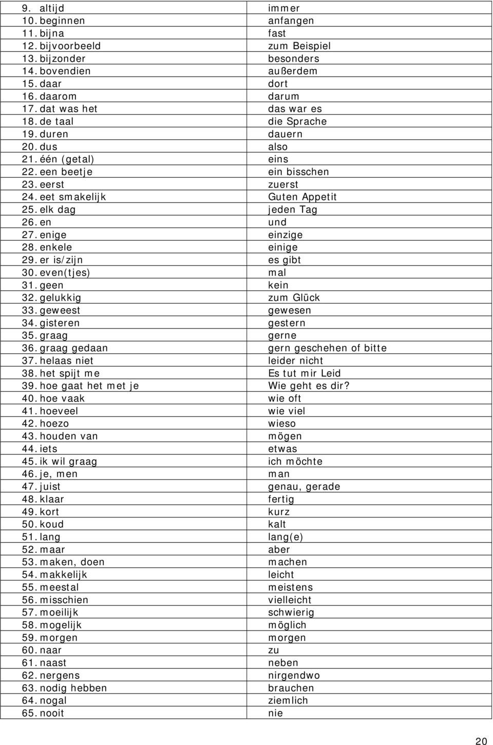 enige einzige 28. enkele einige 29. er is/zijn es gibt 30. even(tjes) mal 31. geen kein 32. gelukkig zum Glück 33. geweest gewesen 34. gisteren gestern 35. graag gerne 36.