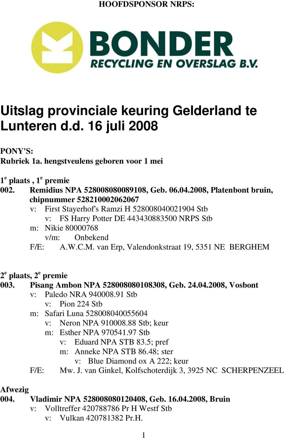 2008, Platenbont bruin, chipnummer 528210002062067 v: First Stayerhof's Ramzi H 528008040021904 Stb v: FS Harry Potter DE 443430883500 NRPS Stb m: Nikie 80000768 v/m: Onbekend F/E: A.W.C.M.