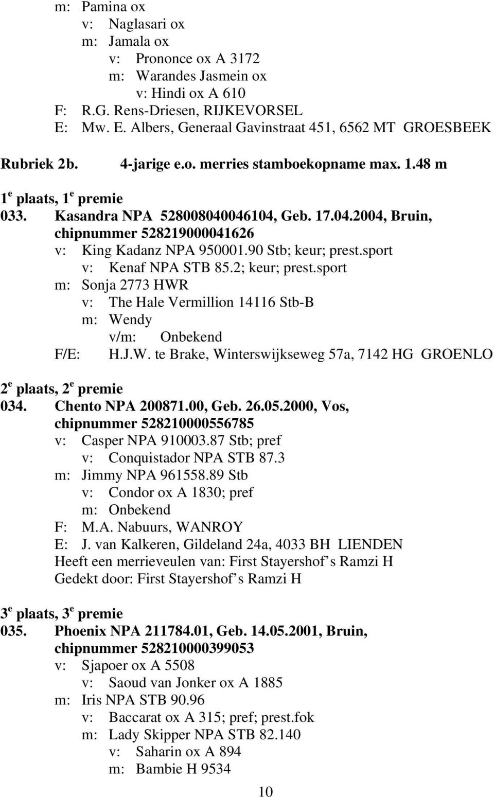 046104, Geb. 17.04.2004, Bruin, chipnummer 528219000041626 v: King Kadanz NPA 950001.90 Stb; keur; prest.sport v: Kenaf NPA STB 85.2; keur; prest.