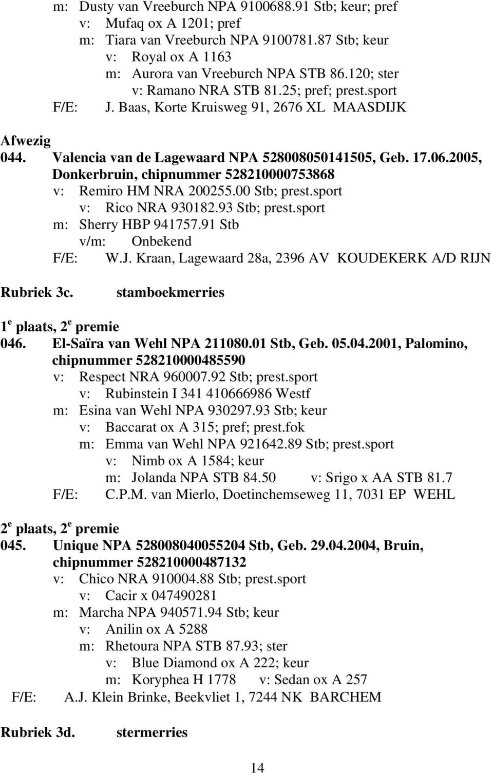 2005, Donkerbruin, chipnummer 528210000753868 v: Remiro HM NRA 200255.00 Stb; prest.sport v: Rico NRA 930182.93 Stb; prest.sport m: Sherry HBP 941757.91 Stb v/m: Onbekend F/E: W.J.