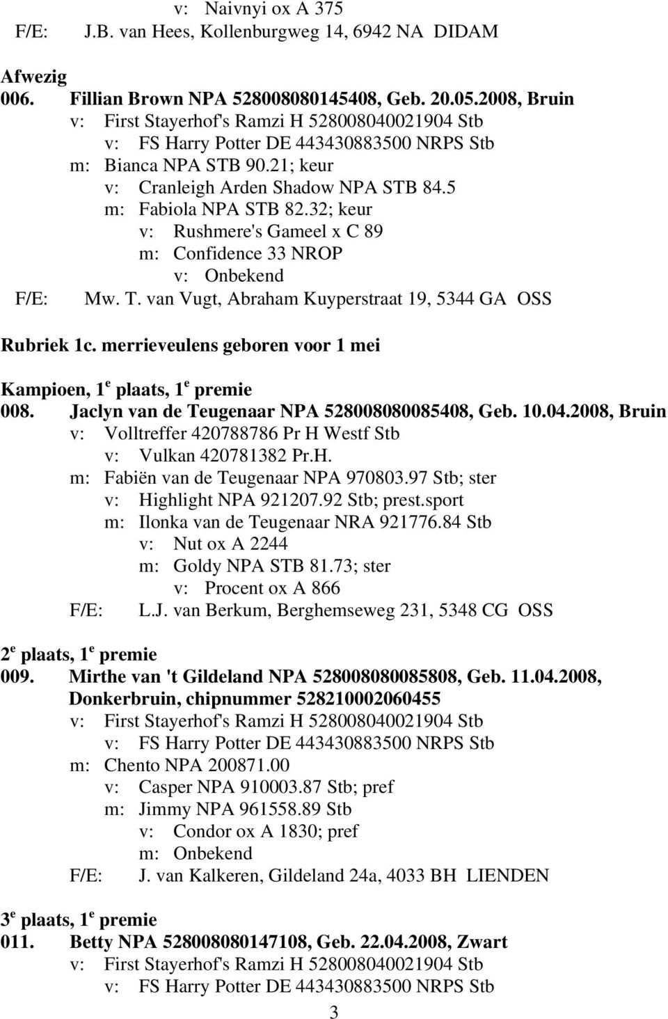 32; keur v: Rushmere's Gameel x C 89 m: Confidence 33 NROP v: Onbekend F/E: Mw. T. van Vugt, Abraham Kuyperstraat 19, 5344 GA OSS Rubriek 1c.