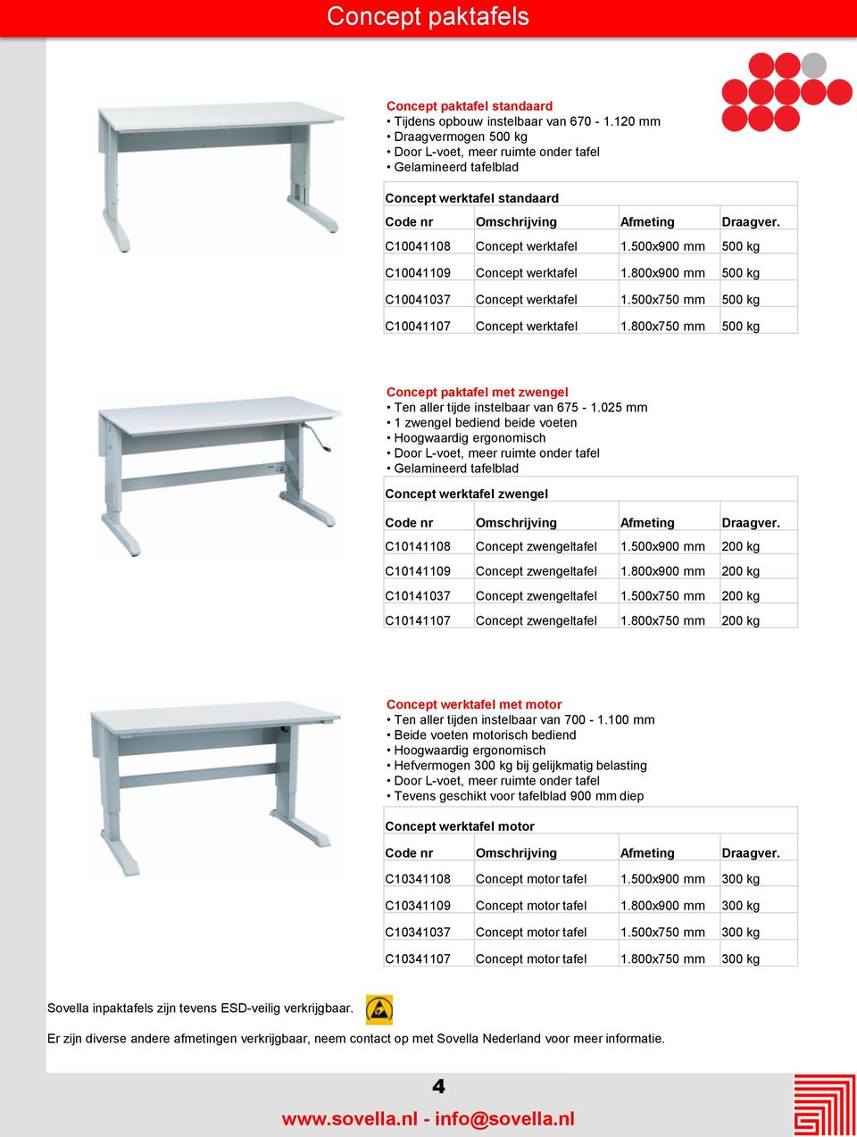 500x900 mm 500 kg C10041109 Concept werktafel 1.800x900 mm 500 kg C10041037 Concept werktafel 1.500x750 mm 500 kg C10041107 Concept werktafel 1.