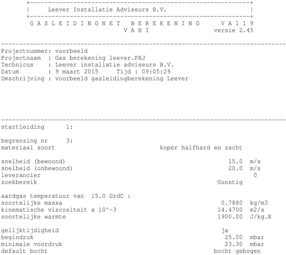 45 Projectnummer: voorbeeld startleiding 1: begrenzing nr 3: materiaal soort koper halfhard en zacht snelheid (bewoond) 15.0 m/s snelheid (onbewoond) 20.