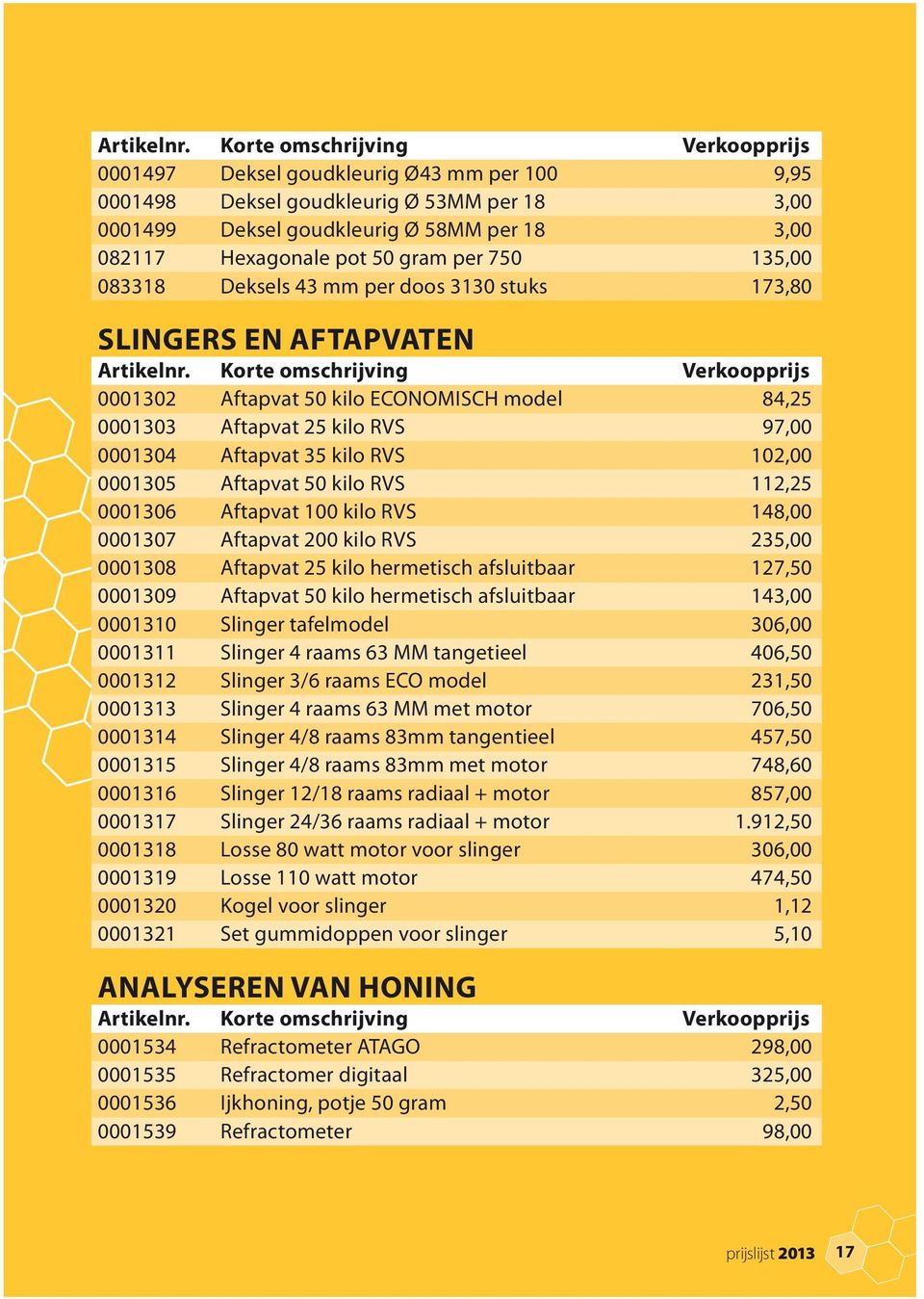 RVS 112,25 0001306 Aftapvat 100 kilo RVS 148,00 0001307 Aftapvat 200 kilo RVS 235,00 0001308 Aftapvat 25 kilo hermetisch afsluitbaar 127,50 0001309 Aftapvat 50 kilo hermetisch afsluitbaar 143,00